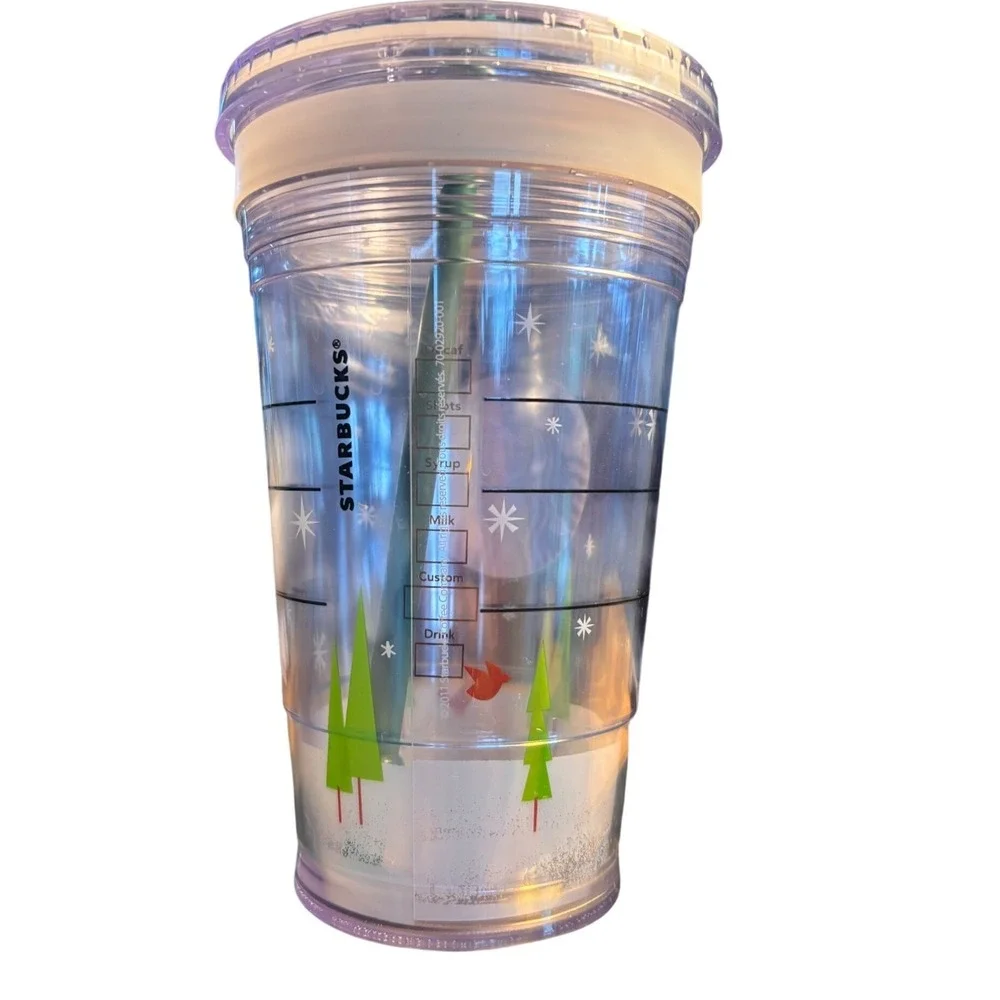 Starbucks 2011 Holiday Winter Trees Red Bird Clear Cold Cup Tumbler 16oz Grande